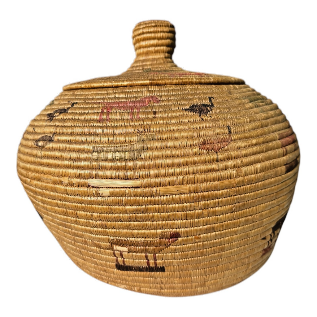Antique Native American Coiled Lidded Grass Basket with Animal Figures