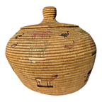 Antique Native American Coiled Lidded Grass Basket with Animal Figures