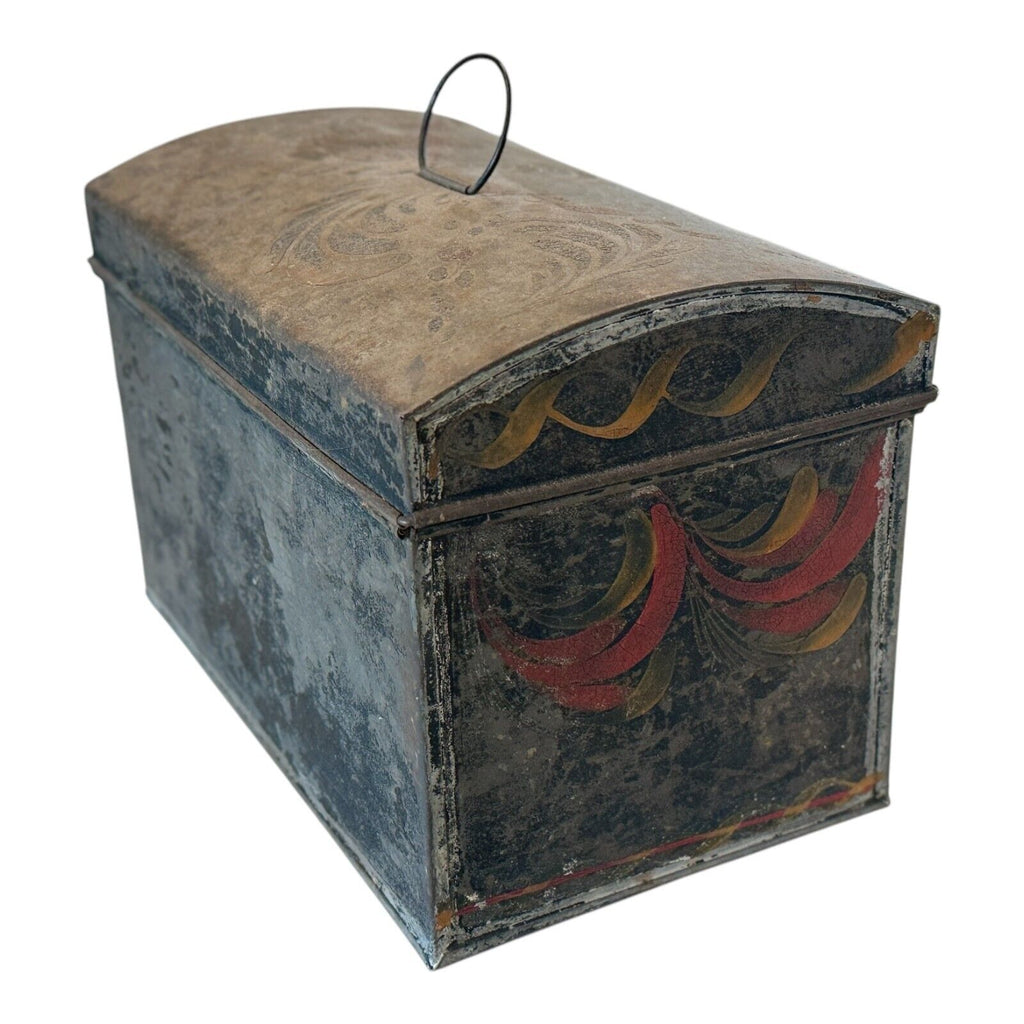 Antique Decorative Tin Toleware Lidded Floral Document Box
