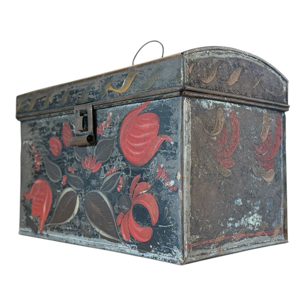 Antique Decorative Tin Toleware Lidded Floral Document Box