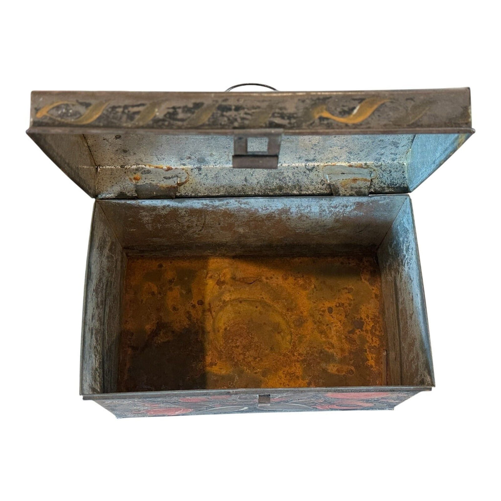Antique Decorative Tin Toleware Lidded Floral Document Box