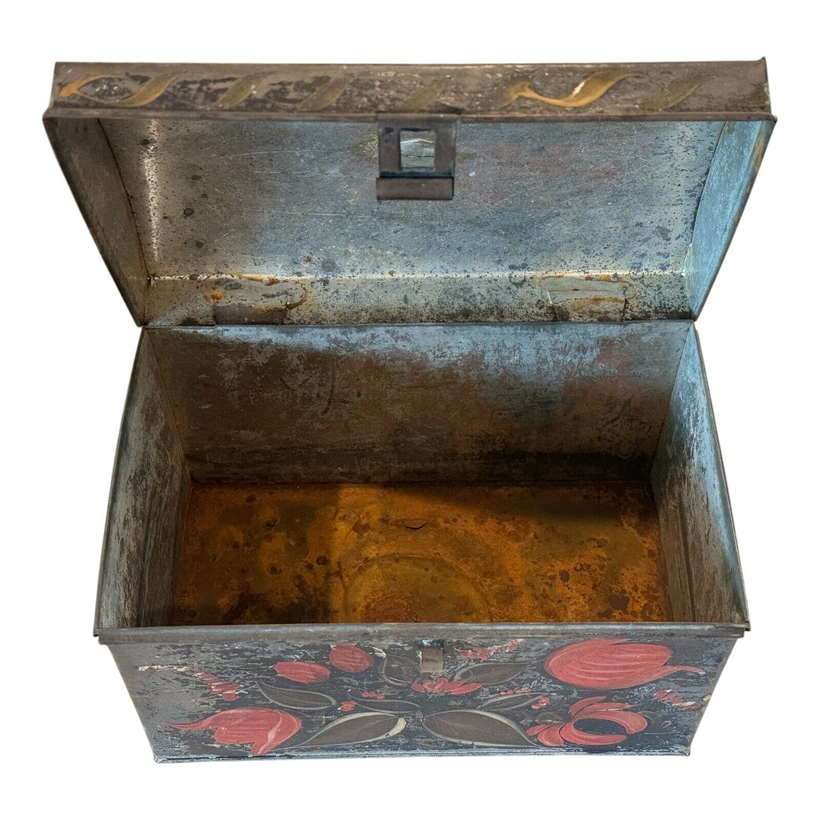 Antique Decorative Tin Toleware Lidded Floral Document Box