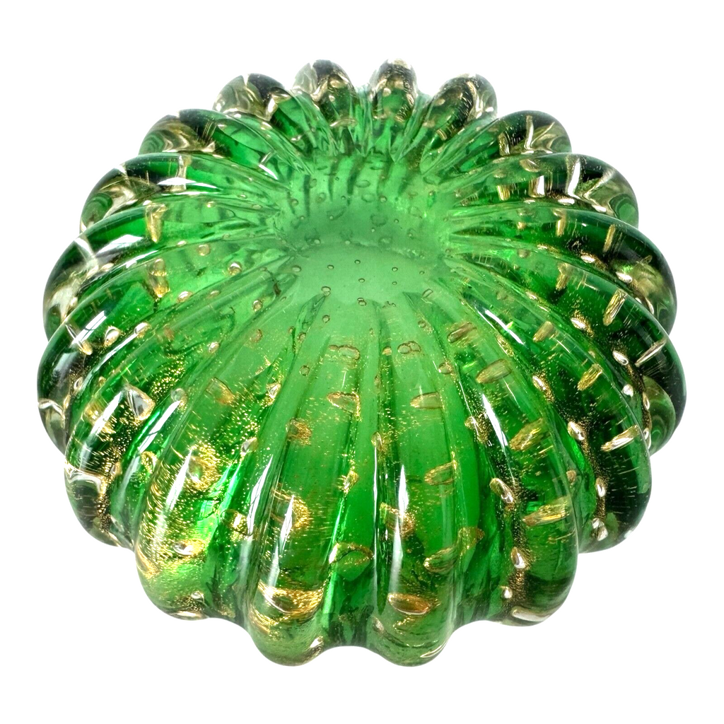 Vintage Murano Green and Gold Art Glass Lidded Box - Attr to Barovier & Toso