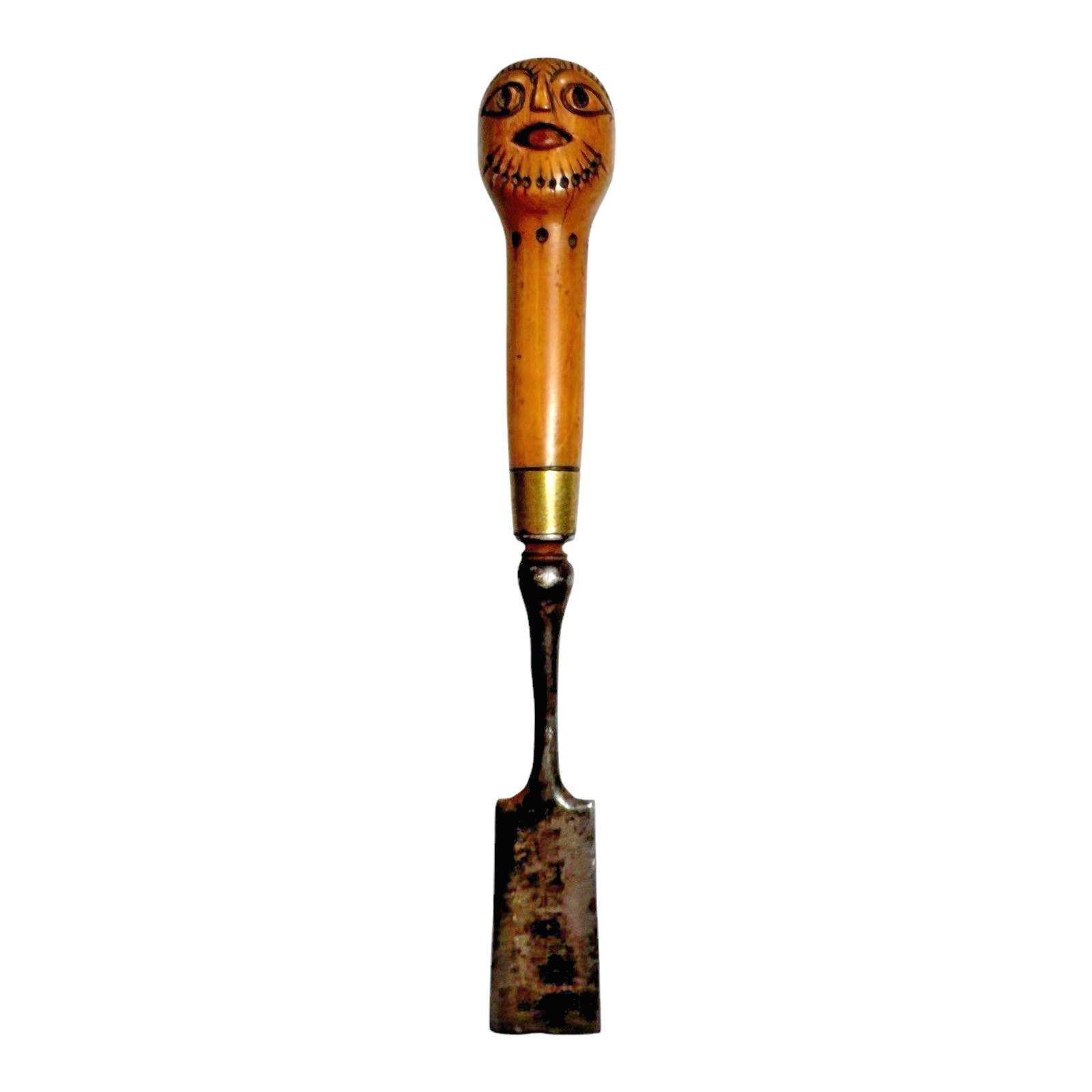 Antique Primitive Folk Art Carved Wood Handle Chisel Tool - Figural Face