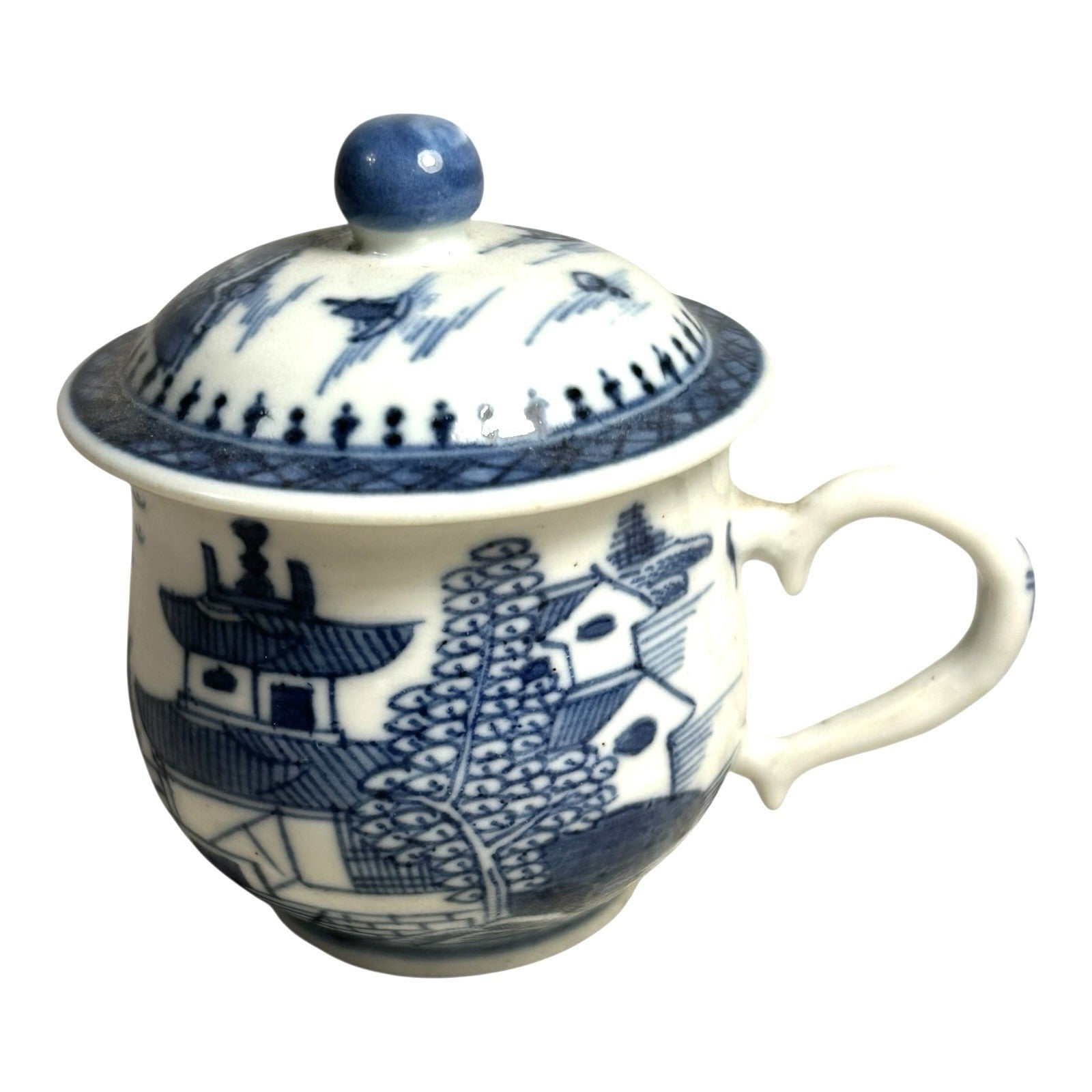 Antique Mottahedeh Blue & White Canton Syllabub Pot de Creme Cup and Cover