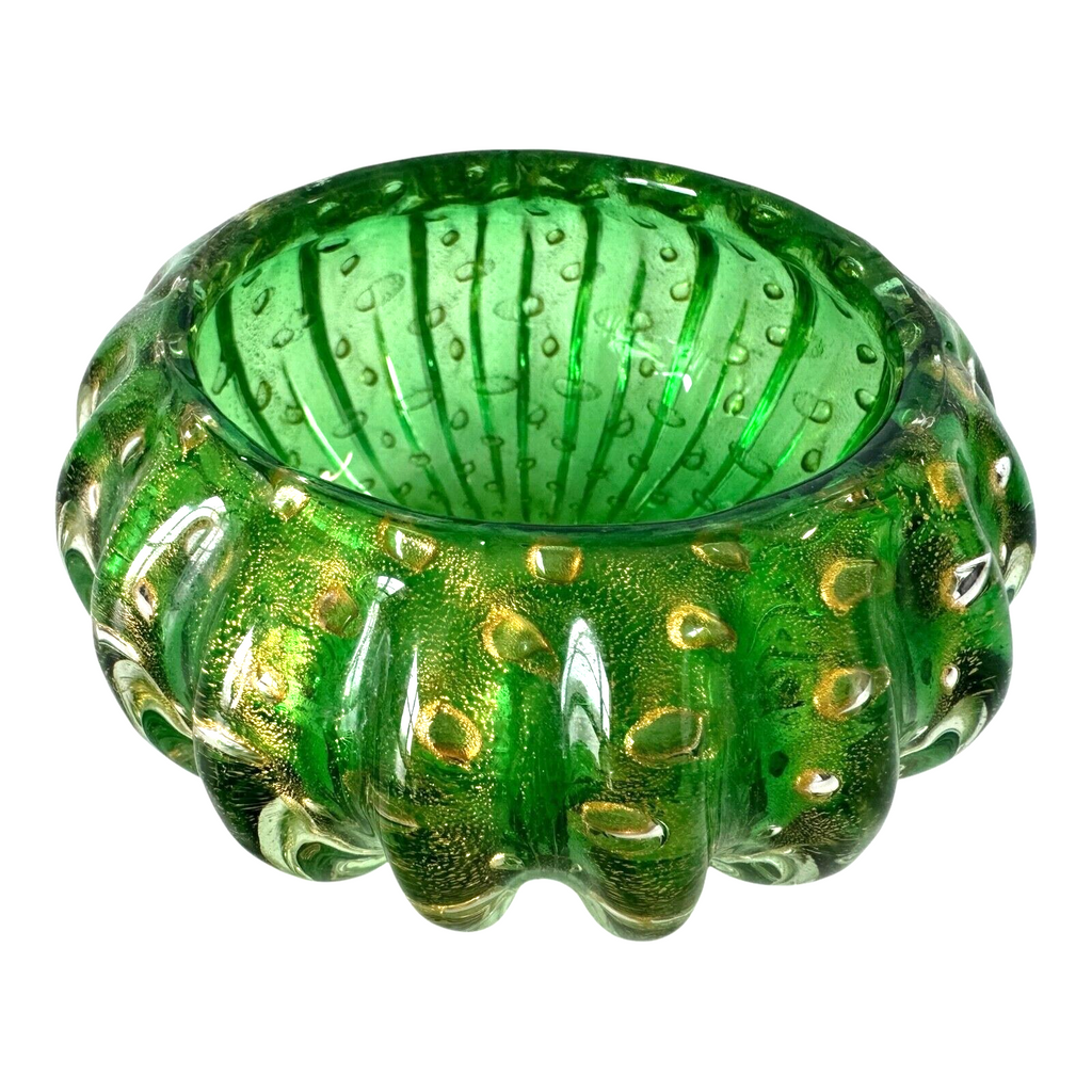Vintage Murano Green and Gold Art Glass Lidded Box - Attr to Barovier & Toso