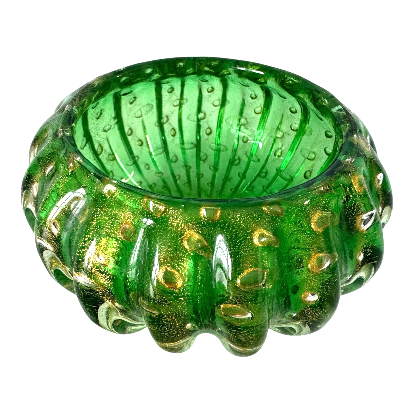 Vintage Murano Green and Gold Art Glass Lidded Box - Attr to Barovier & Toso