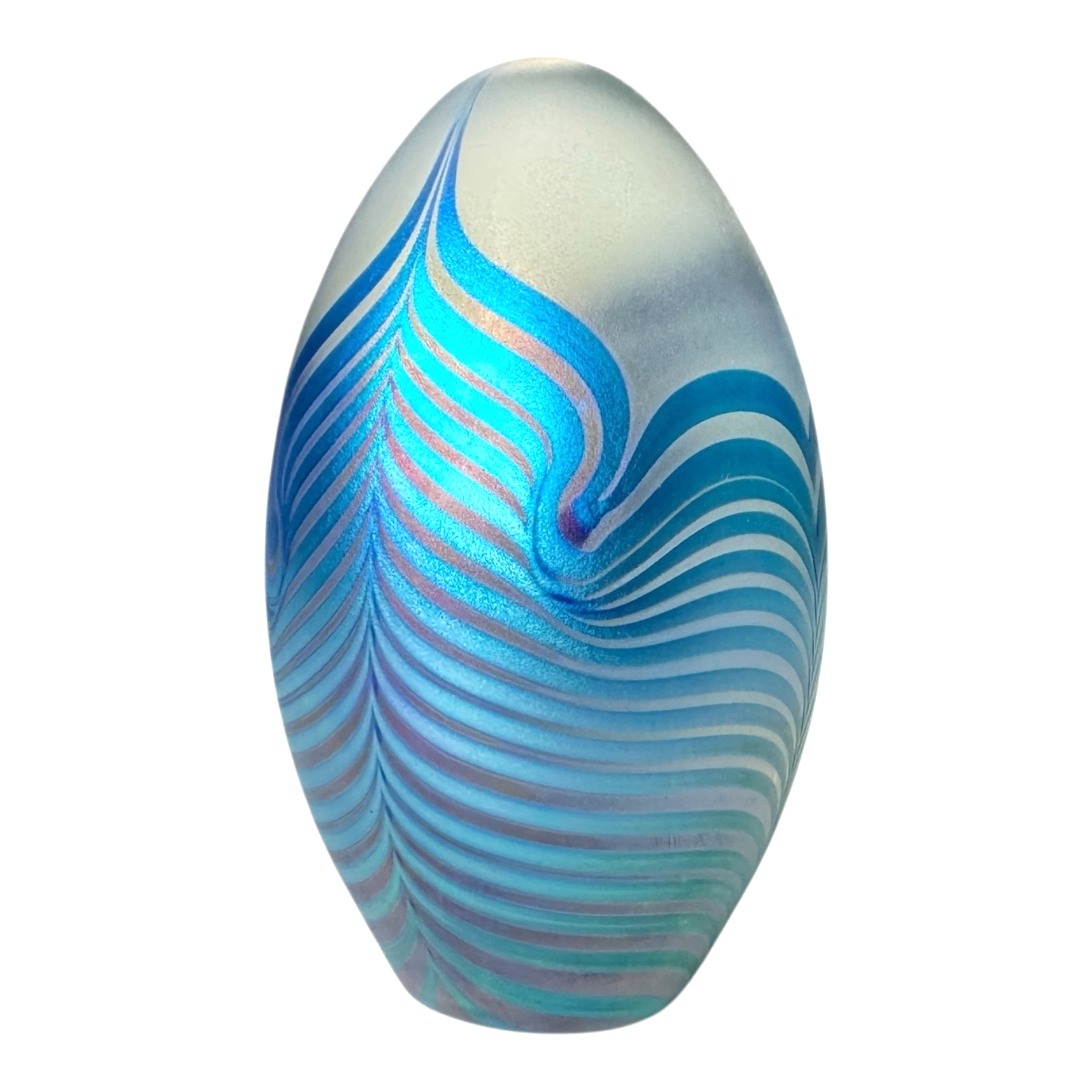 Vintage Studio Art Glass Blue Pulled Feather Egg Paperweight - Signed Eickholt