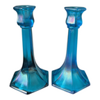 Antique Fenton Celeste Blue Iridescent Stretch Glass Candlesticks