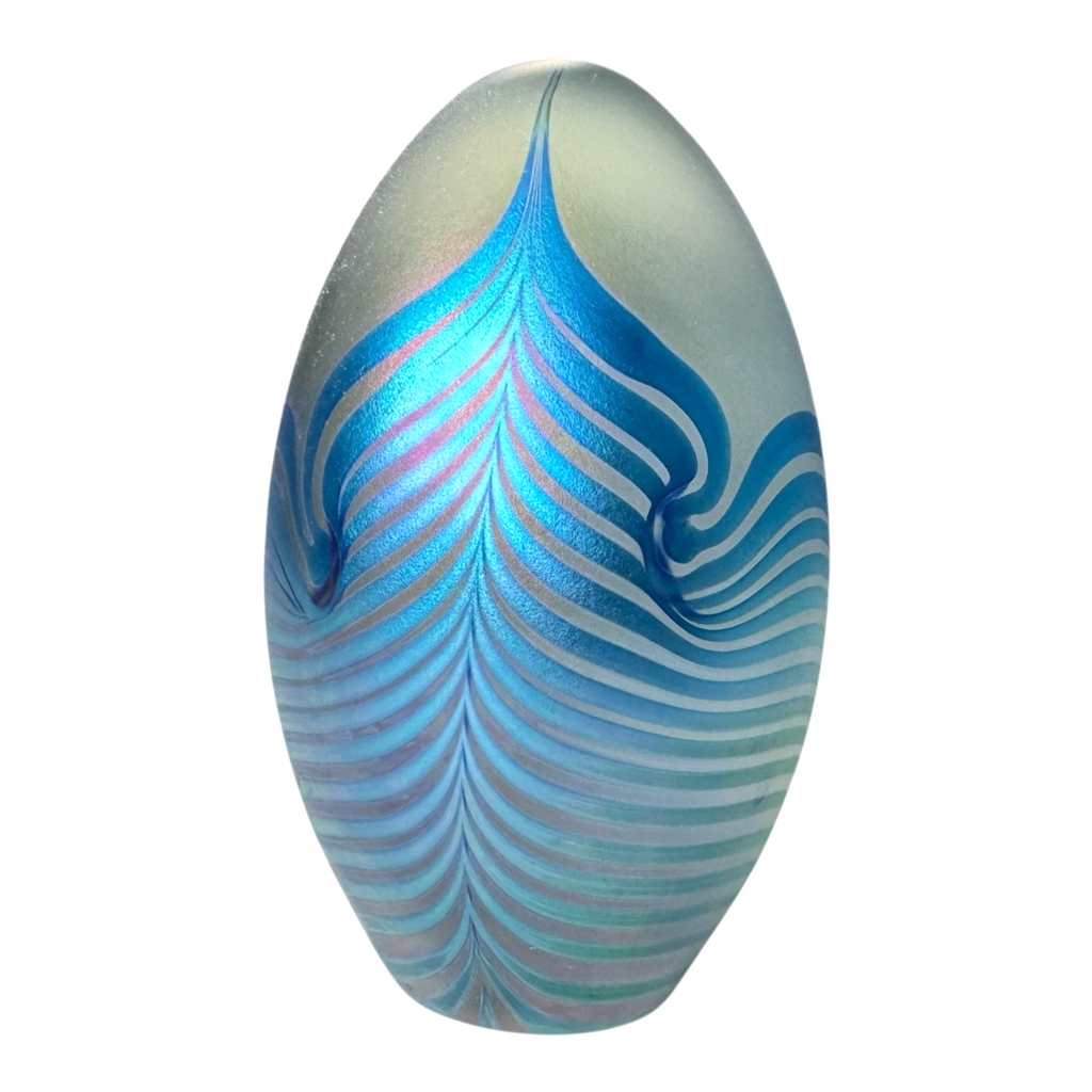 Vintage Studio Art Glass Blue Pulled Feather Egg Paperweight - Signed Eickholt