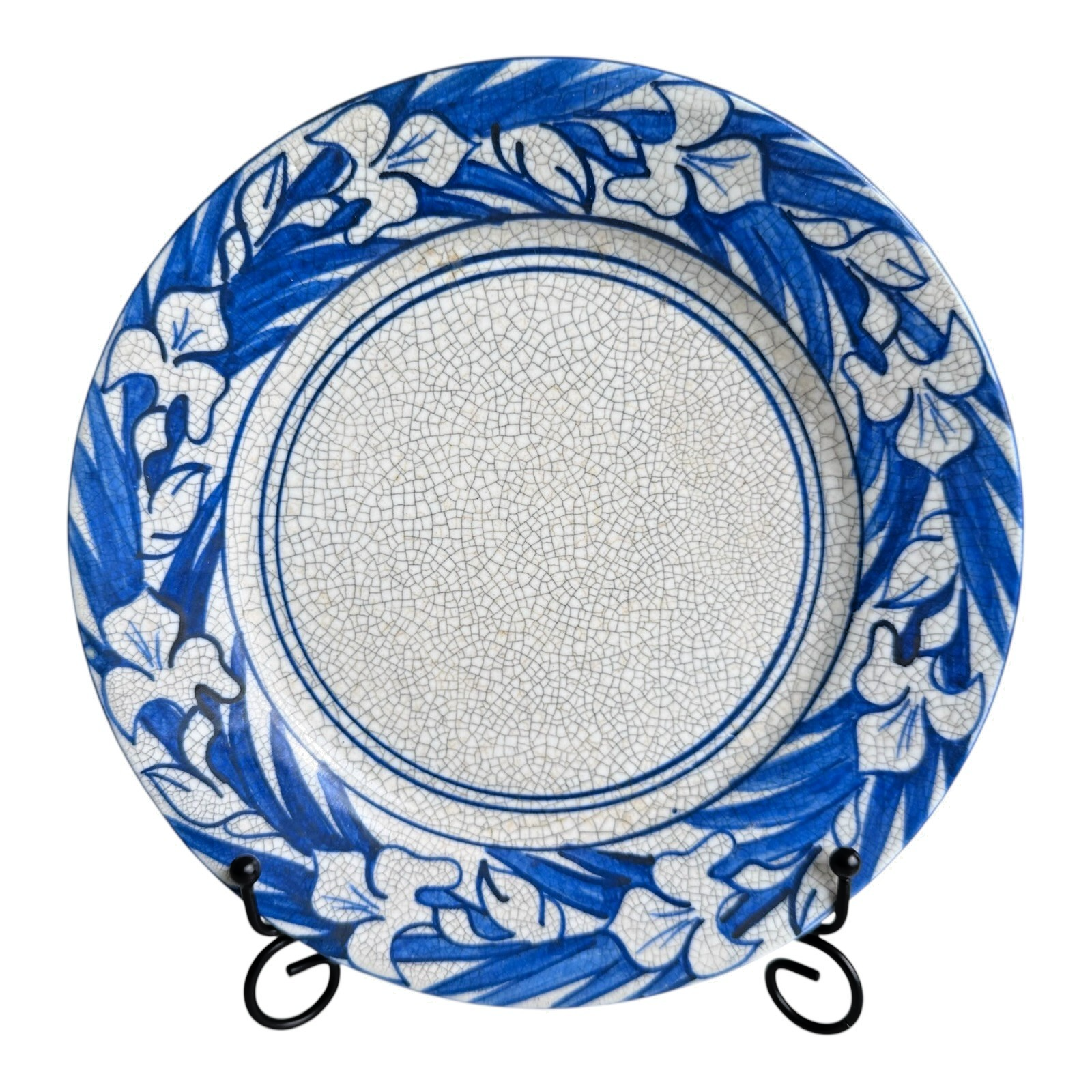Antique Dedham Pottery Iris Pattern Blue Crackle Glaze Lunch Plate, 8.5"