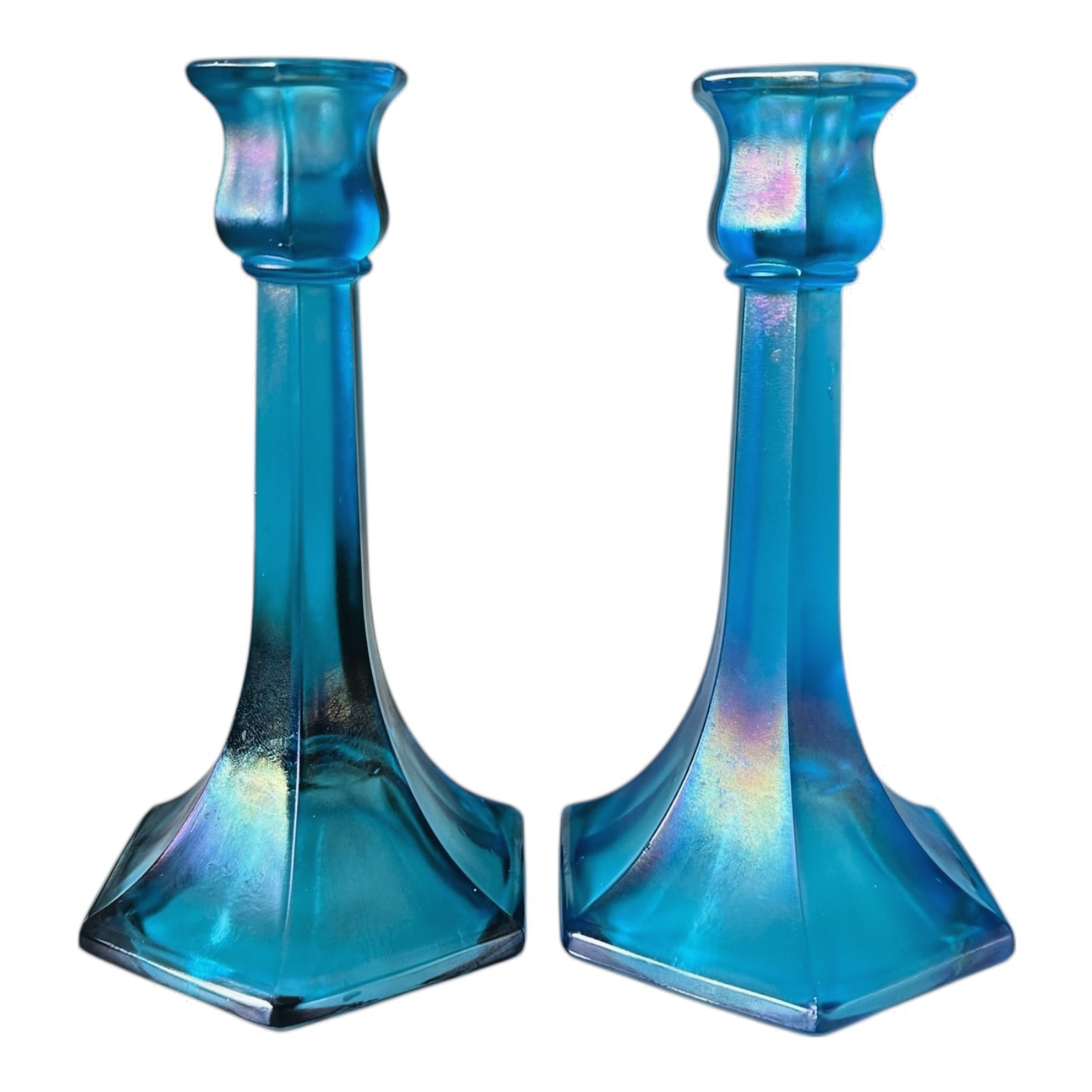 Antique Fenton Celeste Blue Iridescent Stretch Glass Candlesticks