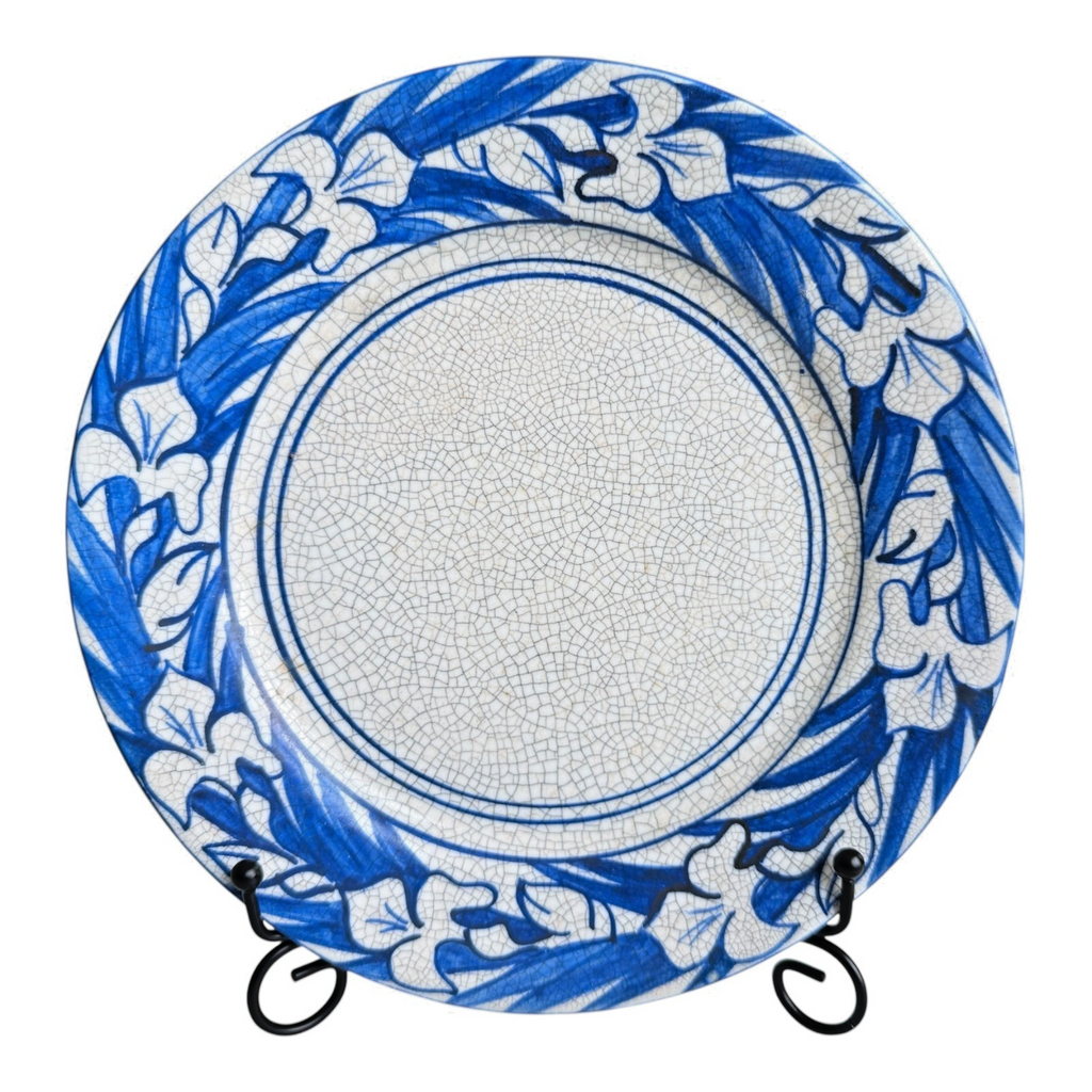 Antique Dedham Pottery Iris Pattern Blue Crackle Glaze Lunch Plate, 8.5"