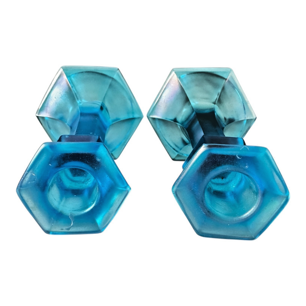 Antique Fenton Celeste Blue Iridescent Stretch Glass Candlesticks
