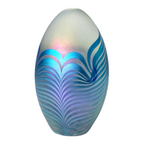 Vintage Studio Art Glass Blue Pulled Feather Egg Paperweight - Signed Eickholt
