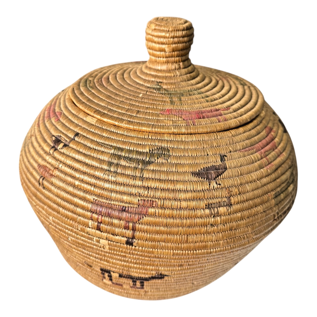 Antique Native American Coiled Lidded Grass Basket with Animal Figures