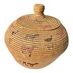 Antique Native American Coiled Lidded Grass Basket with Animal Figures