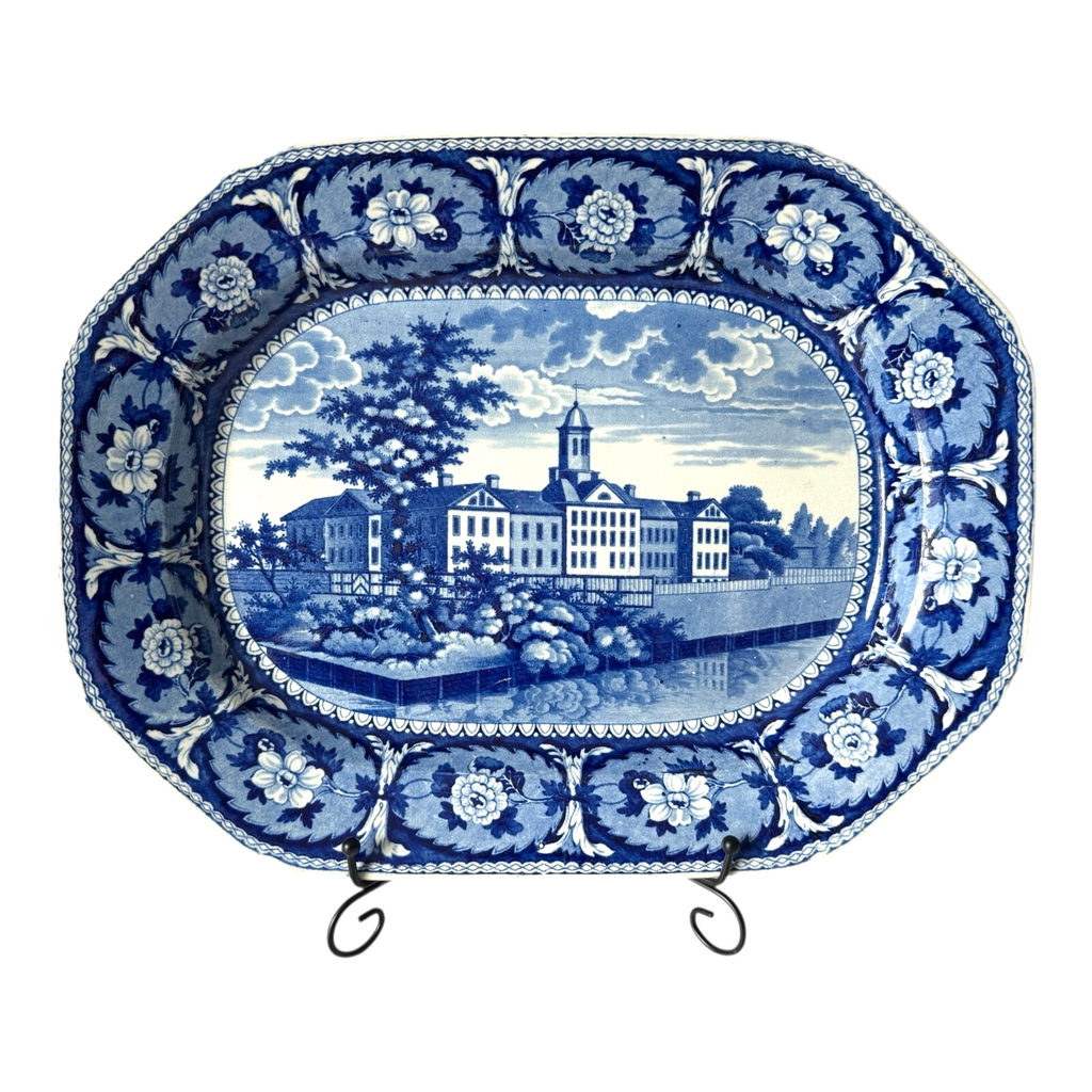 Antique Historical Staffordshire Blue White Transferware Platter – Alms House NY