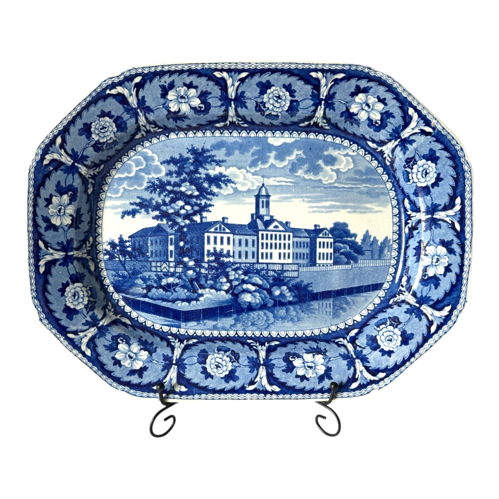 Antique Historical Staffordshire Blue White Transferware Platter – Alms House NY
