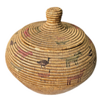 Antique Native American Coiled Lidded Grass Basket with Animal Figures