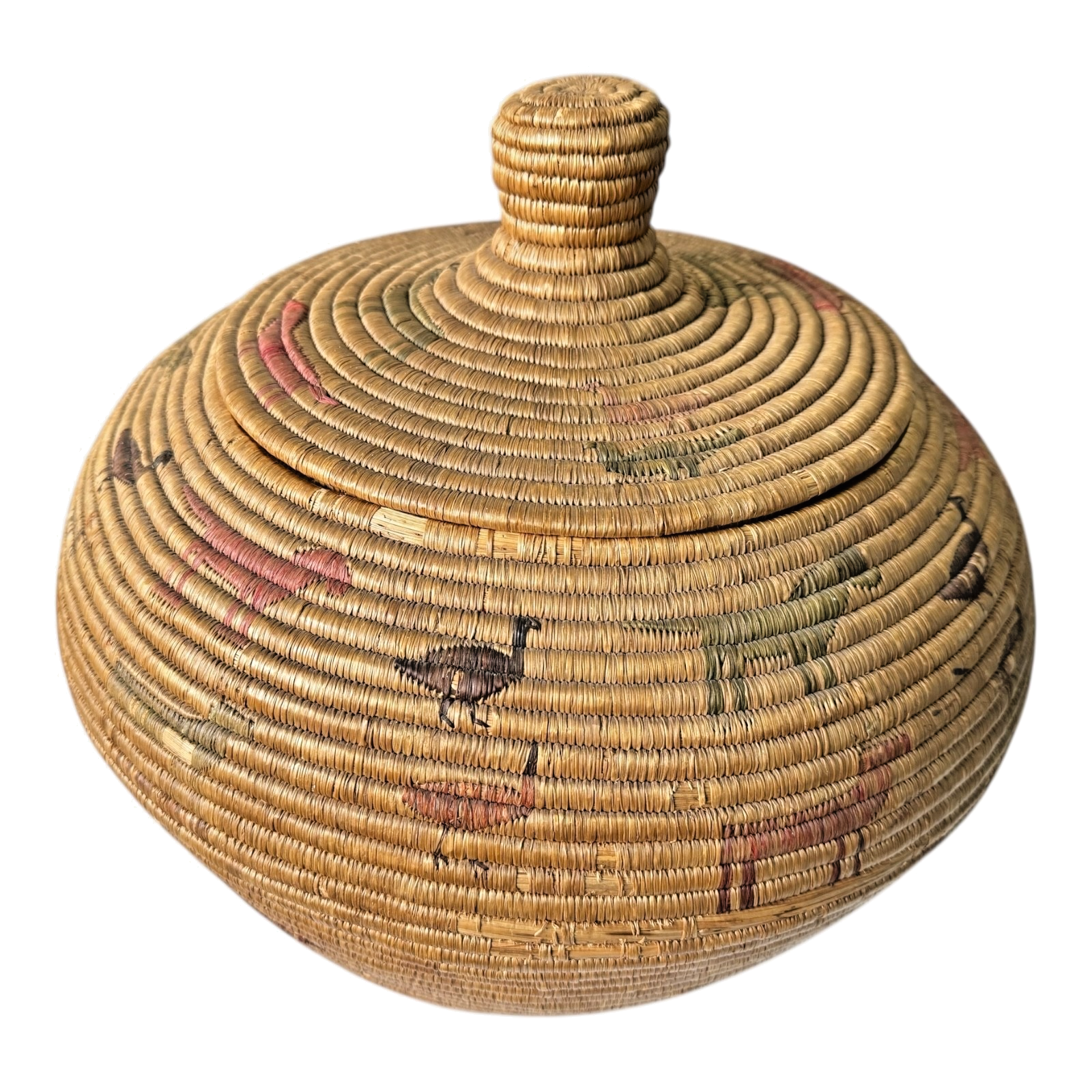 Antique Native American Coiled Lidded Grass Basket with Animal Figures