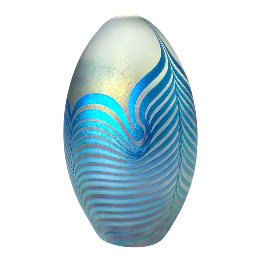 Vintage Studio Art Glass Blue Pulled Feather Egg Paperweight - Signed Eickholt