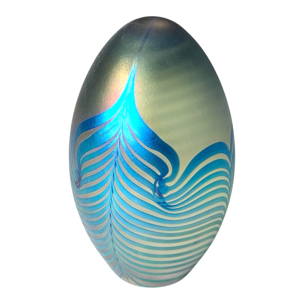 Vintage Studio Art Glass Blue Pulled Feather Egg Paperweight - Signed Eickholt