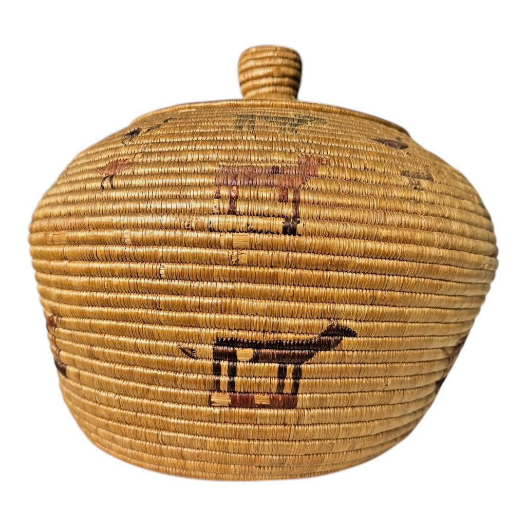 Antique Native American Coiled Lidded Grass Basket with Animal Figures