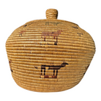 Antique Native American Coiled Lidded Grass Basket with Animal Figures