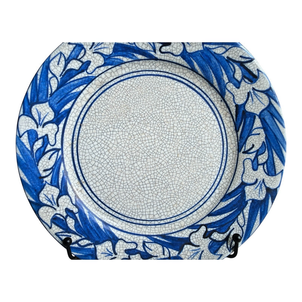 Antique Dedham Pottery Iris Pattern Blue Crackle Glaze Lunch Plate, 8.5"