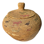 Antique Native American Coiled Lidded Grass Basket with Animal Figures