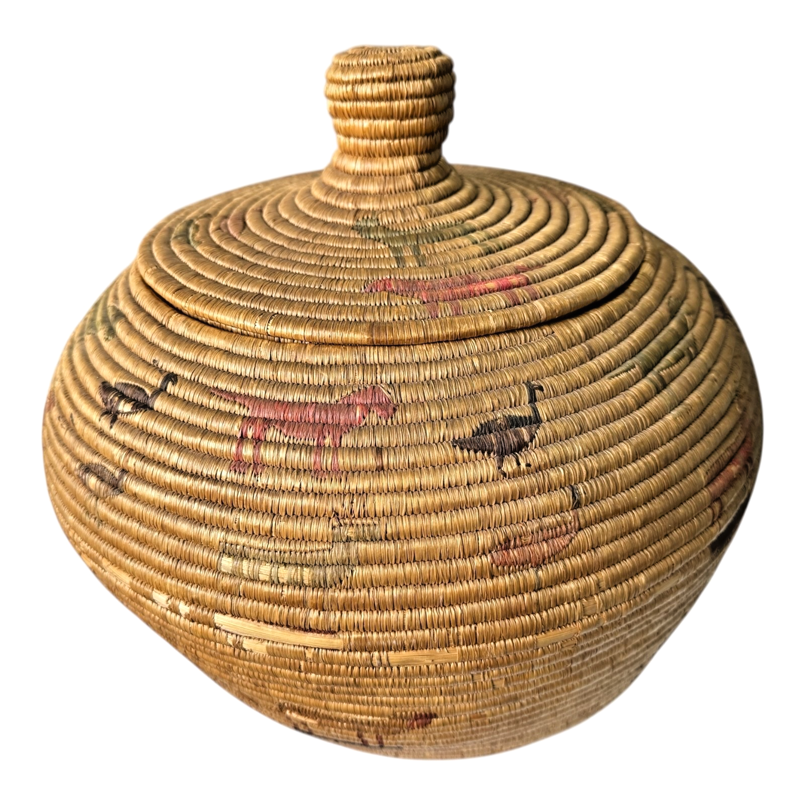 Antique Native American Coiled Lidded Grass Basket with Animal Figures