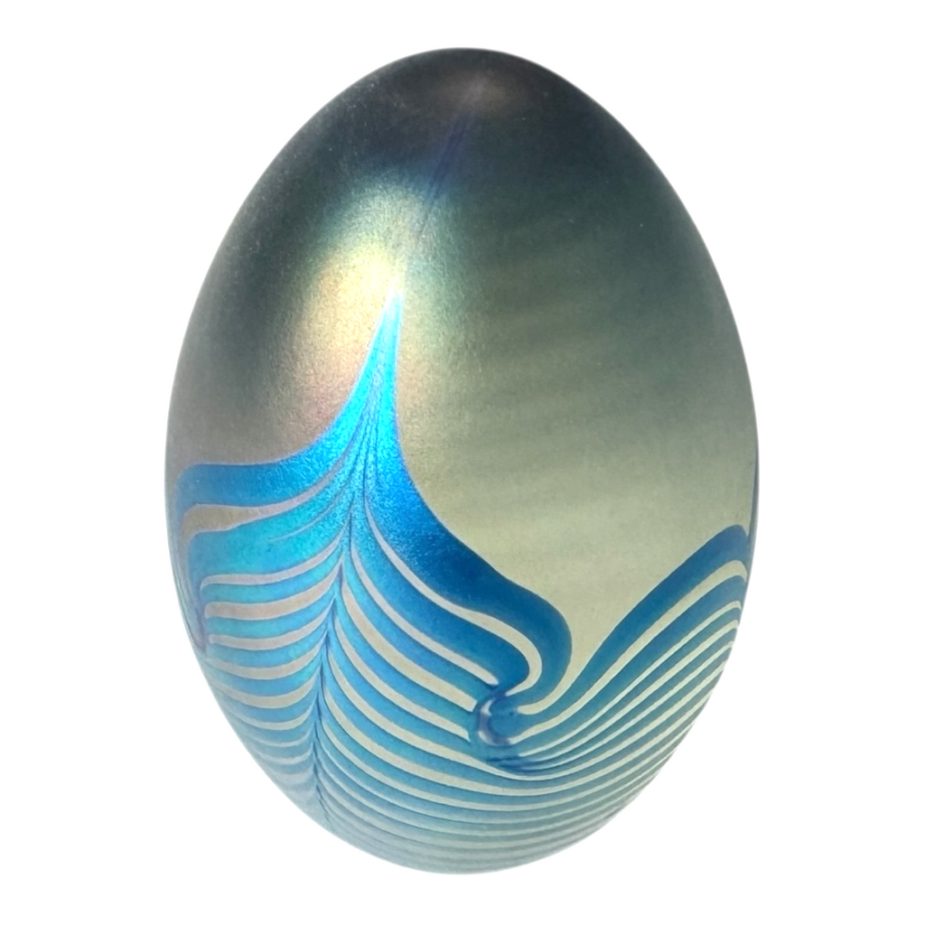 Vintage Studio Art Glass Blue Pulled Feather Egg Paperweight - Signed Eickholt