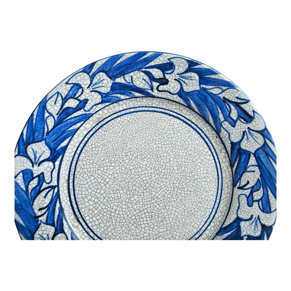 Antique Dedham Pottery Iris Pattern Blue Crackle Glaze Lunch Plate, 8.5"