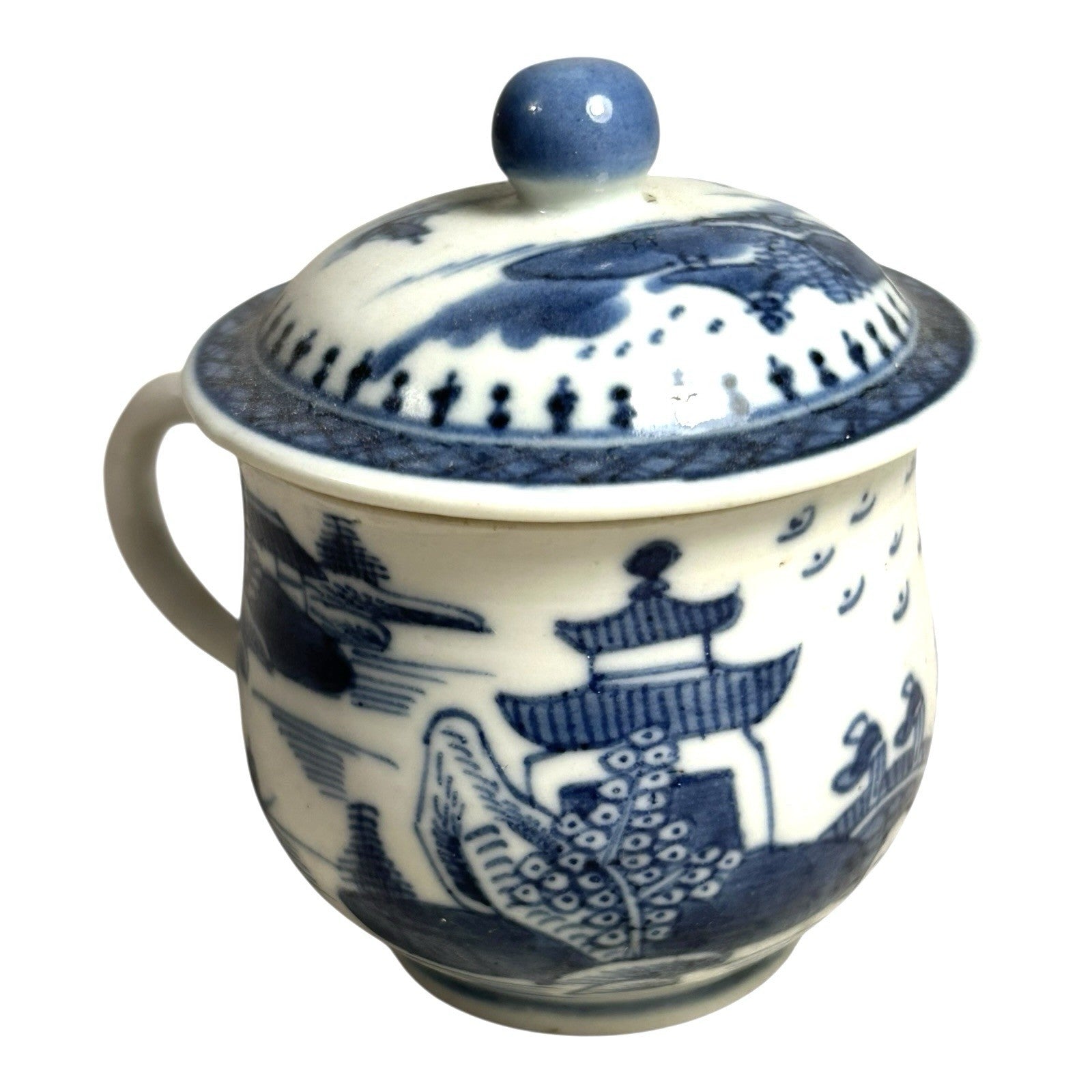 Antique Mottahedeh Blue & White Canton Syllabub Pot de Creme Cup and Cover