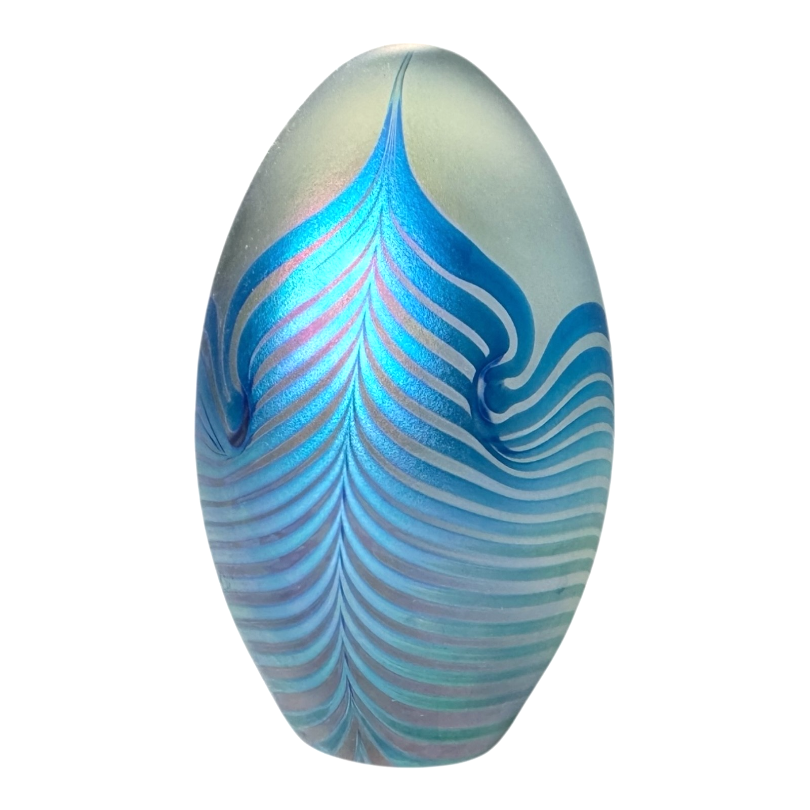 Vintage Studio Art Glass Blue Pulled Feather Egg Paperweight - Signed Eickholt