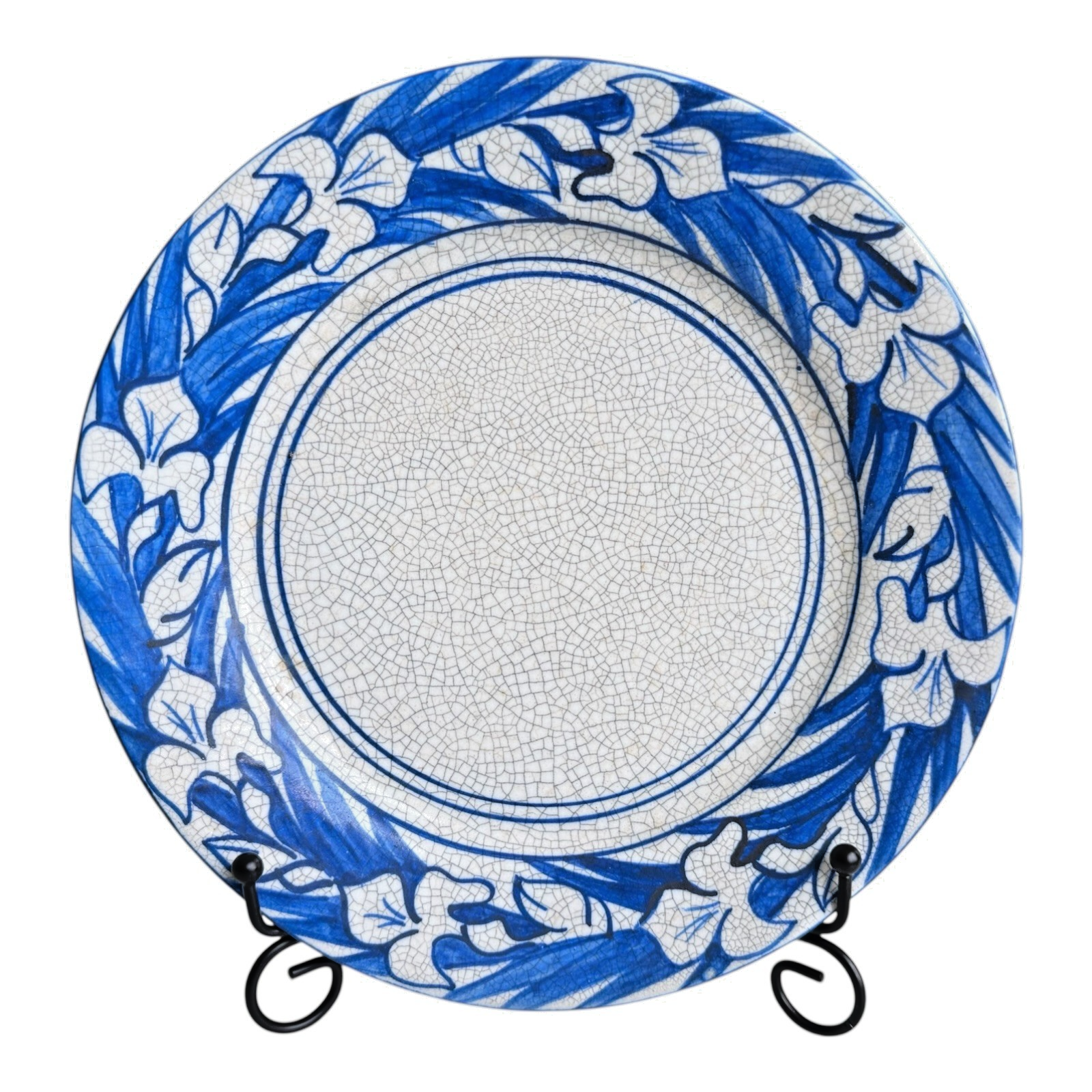 Antique Dedham Pottery Iris Pattern Blue Crackle Glaze Lunch Plate, 8.5"