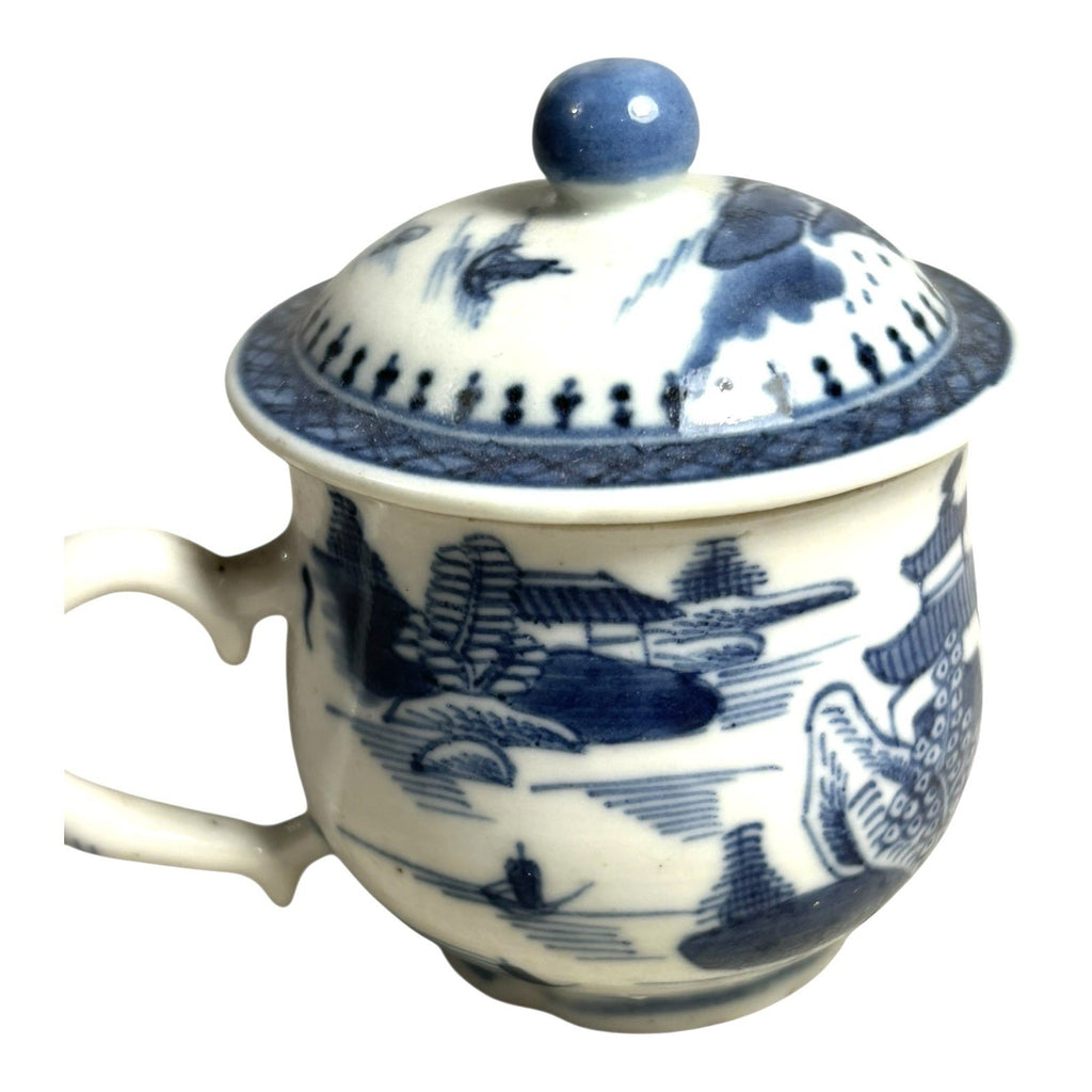 Antique Mottahedeh Blue & White Canton Syllabub Pot de Creme Cup and Cover