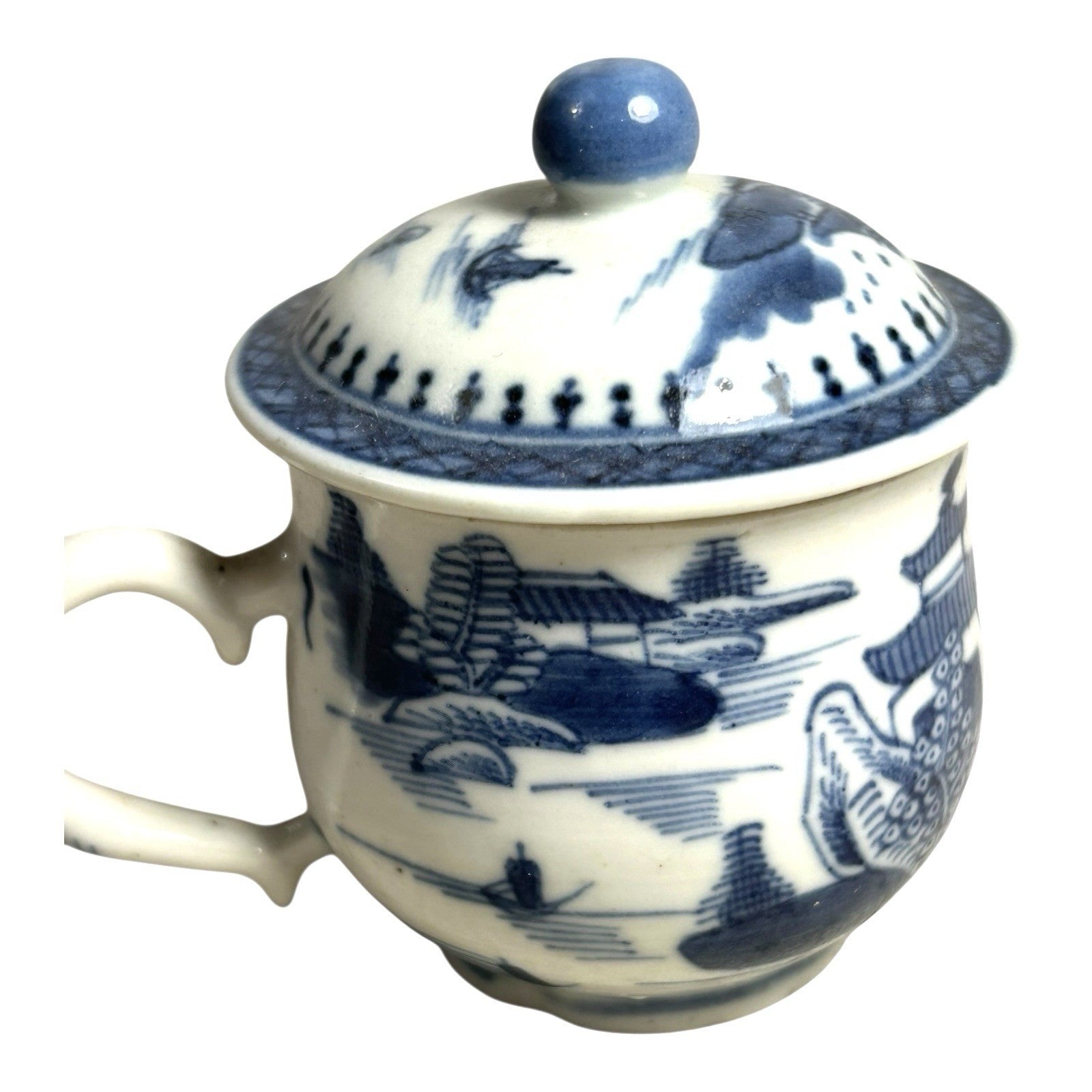 Antique Mottahedeh Blue & White Canton Syllabub Pot de Creme Cup and Cover