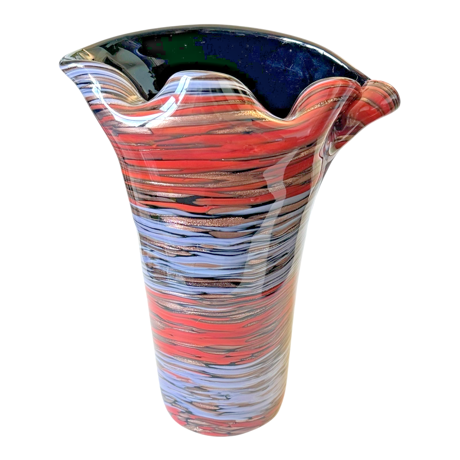 Vintage Murano Red Purple Aventurine Swirl Ruffle Rim Cased Art Glass Vase