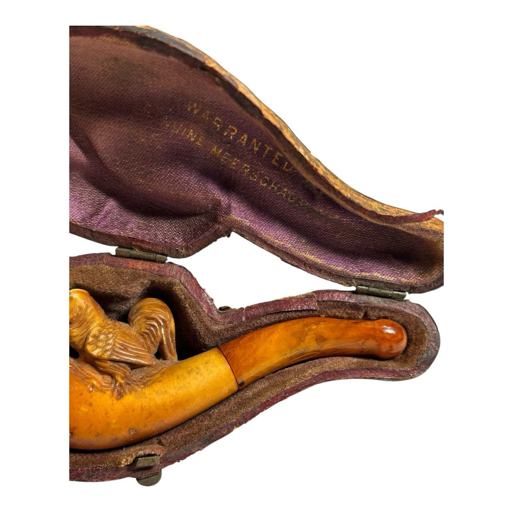 Antique Meerschaum Carved Chicken Pipe with Amber Mouthpiece (Original Case)