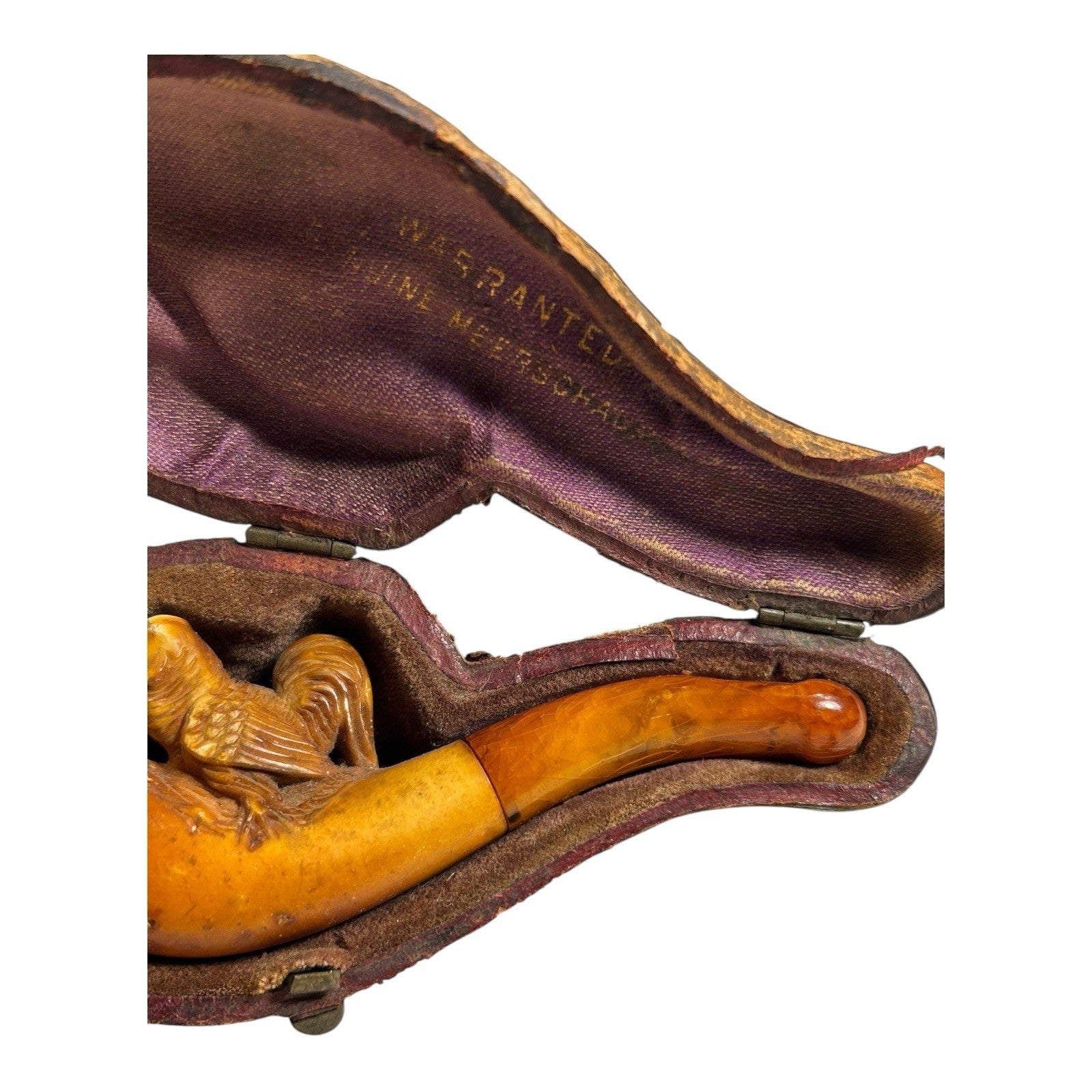Antique Meerschaum Carved Chicken Pipe with Amber Mouthpiece (Original Case)