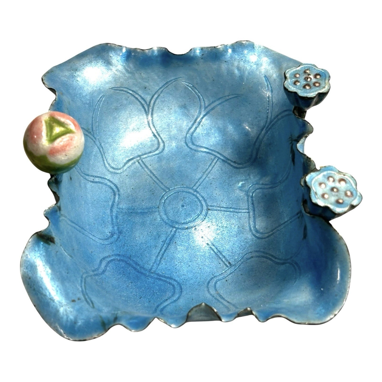 Antique Chinese Enameled Copper Brush Washer Carved Jade Handle Water Lily Bowl