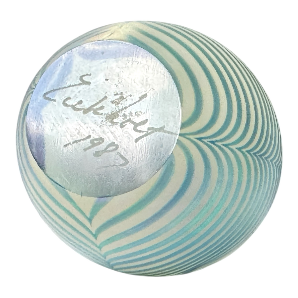 Vintage Studio Art Glass Blue Pulled Feather Egg Paperweight - Signed Eickholt