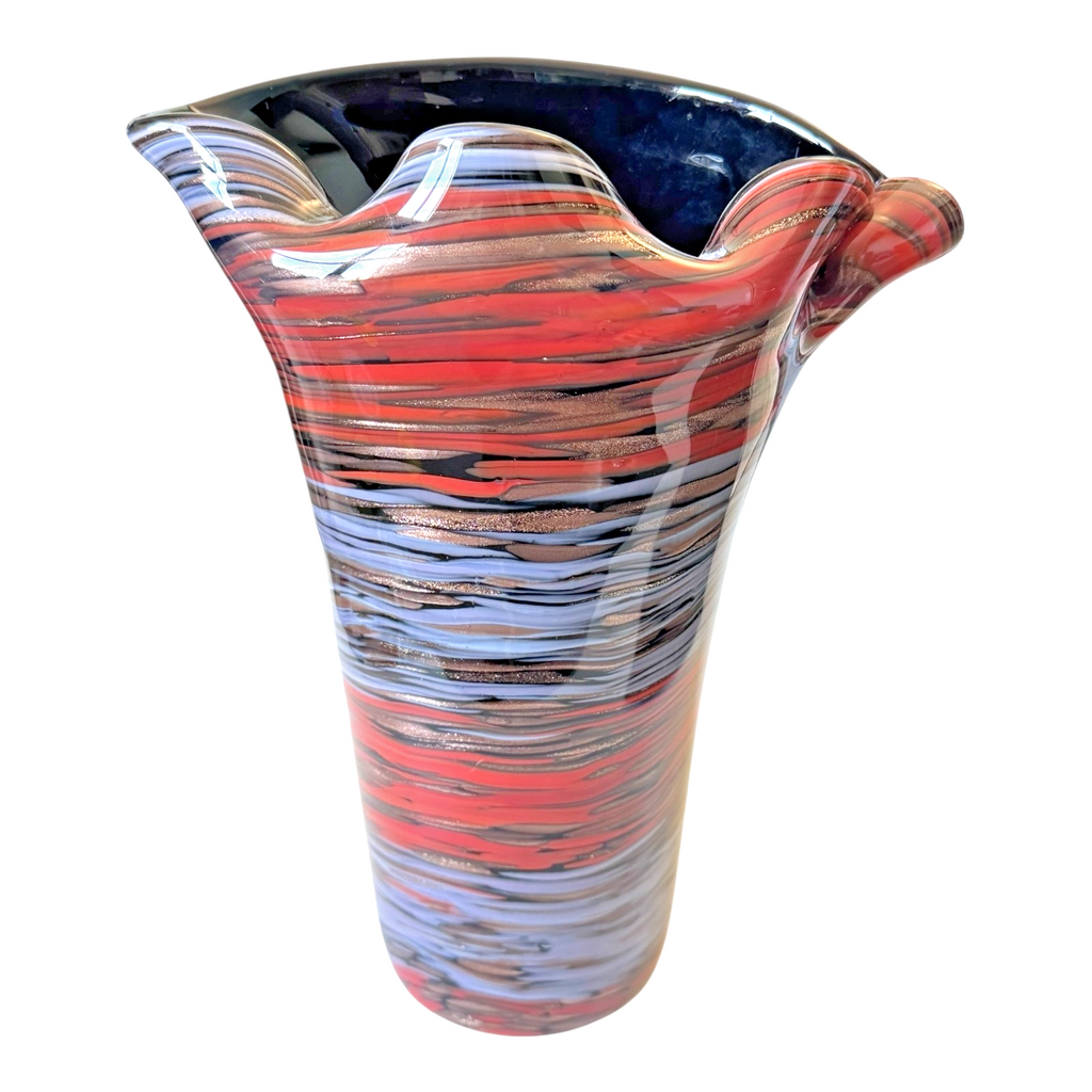 Vintage Murano Red Purple Aventurine Swirl Ruffle Rim Cased Art Glass Vase