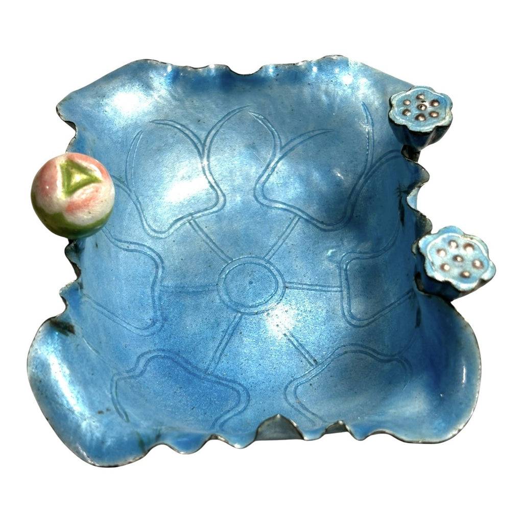Antique Chinese Enameled Copper Brush Washer Carved Jade Handle Water Lily Bowl