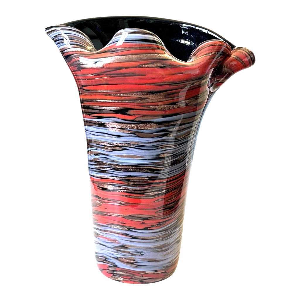 Vintage Murano Red Purple Aventurine Swirl Ruffle Rim Cased Art Glass Vase