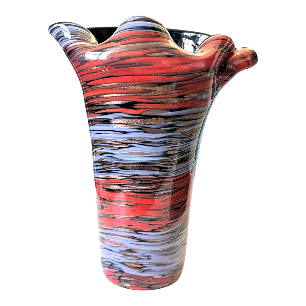 Vintage Murano Red Purple Aventurine Swirl Ruffle Rim Cased Art Glass Vase