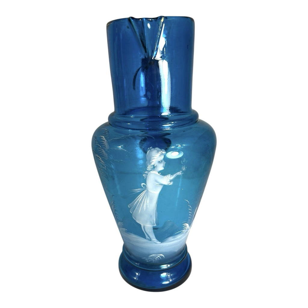 Antique Large Blue Mary Gregory Hand Blown Glass Pitcher