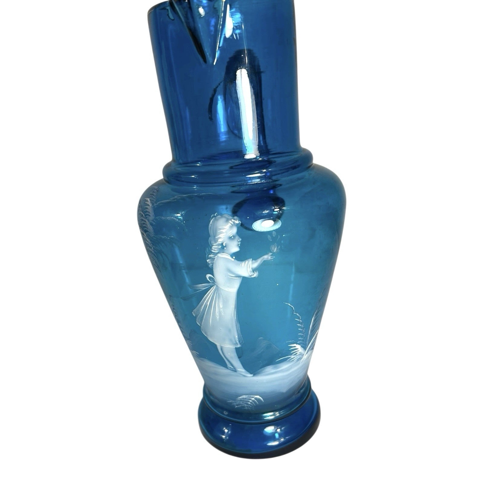 Antique Large Blue Mary Gregory Hand Blown Glass Pitcher